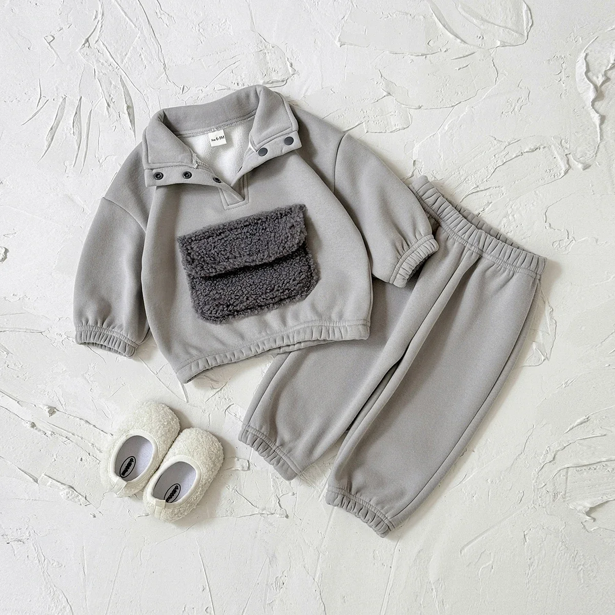 Autumn Winter Thermal Suit Baby Boys Sets Plush Pocket Long Sleeve Button Sweatshirt Solid Pants Casual Kids Clothes