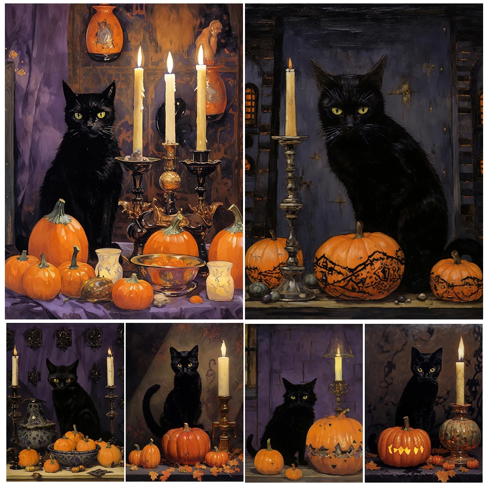 

Wizard Cat And Pumpkin,Victorian Style Wall Art Canvas Painting,Magic Black Cat And Candle Art Poster And Print Home Decoration