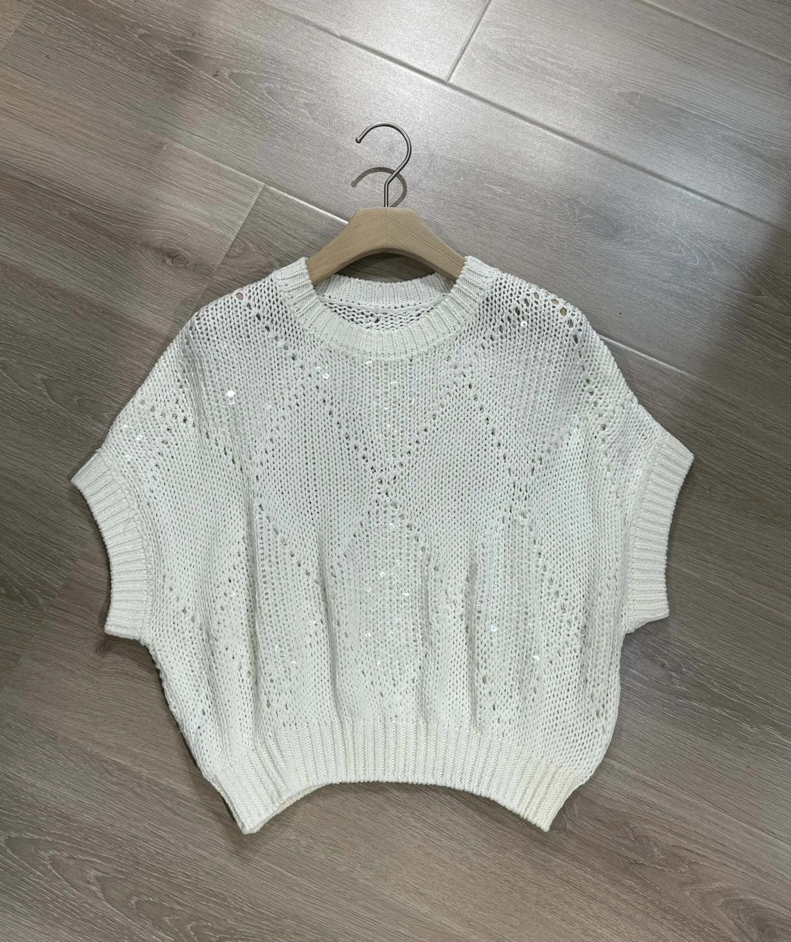 Summer linen embroidered sequinned yarn sparkling knitwear top