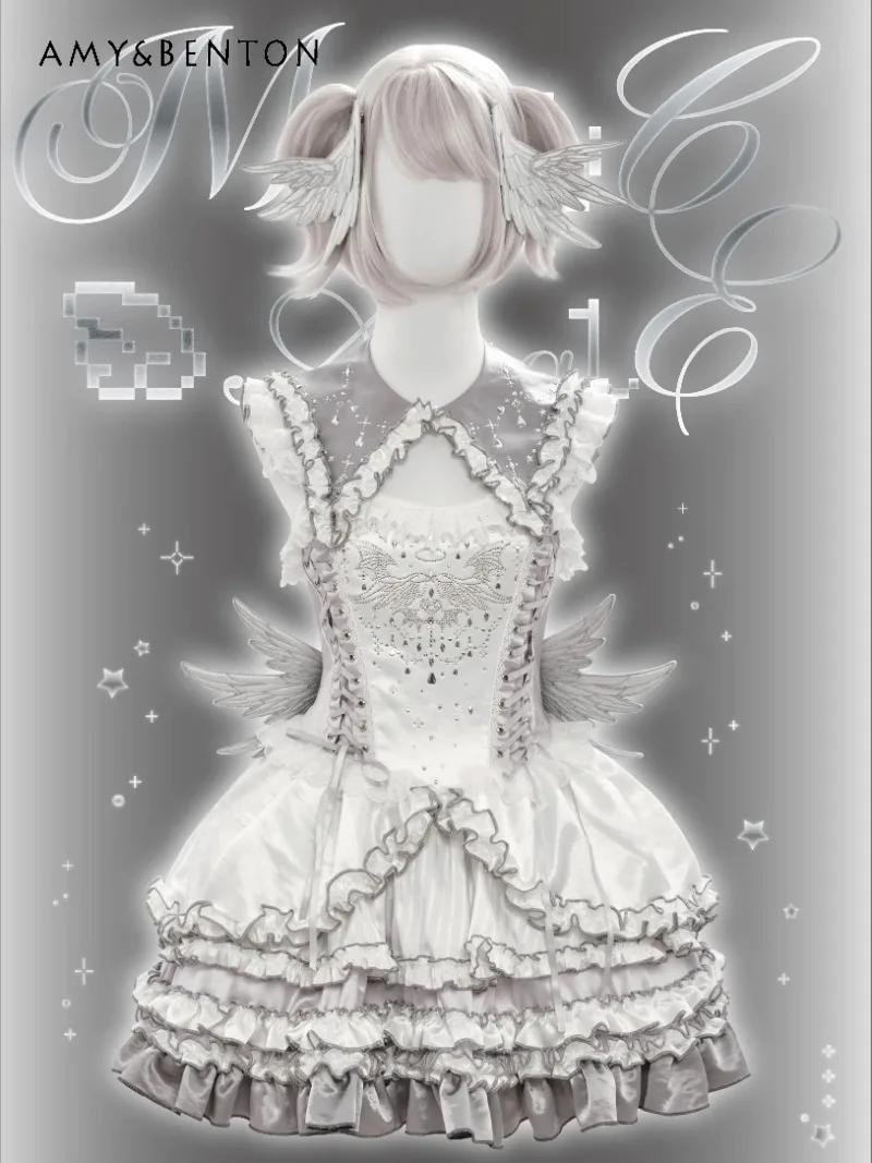 

Original Subculture Silver White Rhinestone Heavy Lolita Dress Sets Gothic Retro Print Detachable Bell Sleeve Mini Skirt Sets