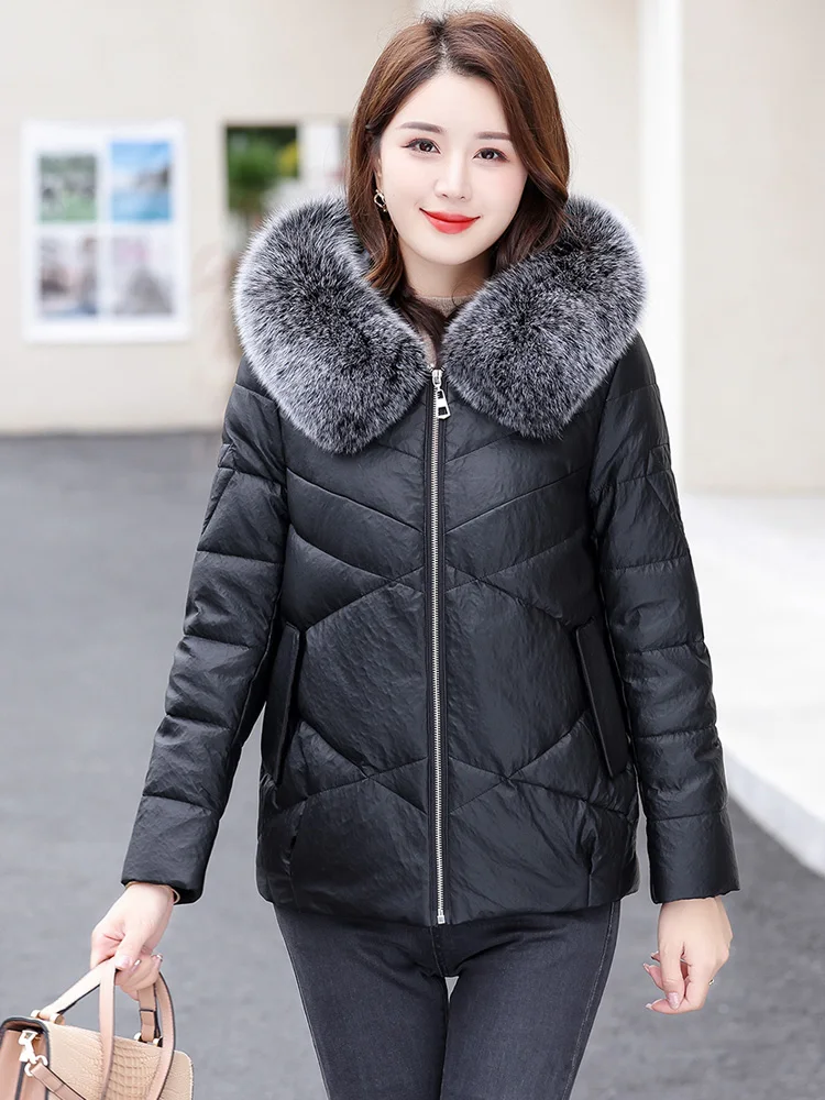 Nouveau Femmes Cuir de mouton Veste en duvet Hiver Mode Chaleur Capuche Col en fourrure de renard véritable Duvet de canard Manteau en cuir Loose Épais Manteau de dessus