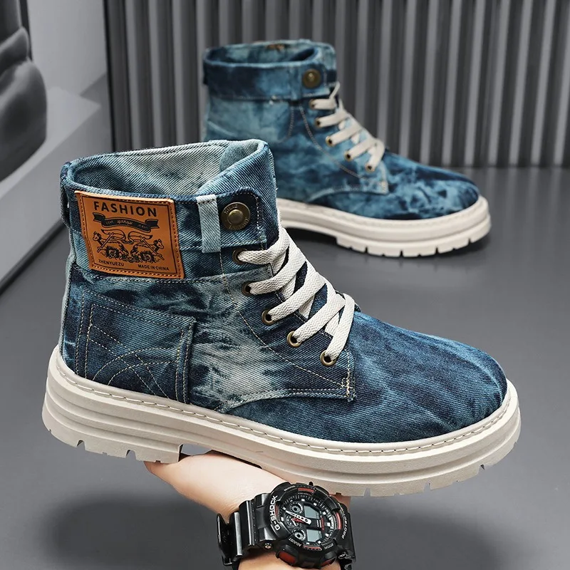 Botas jeans masculinas de cano alto, roupa de trabalho retrô ocidental, botas curtas casuais de tecido respirável, sapatos masculinos, botas de plataforma da moda