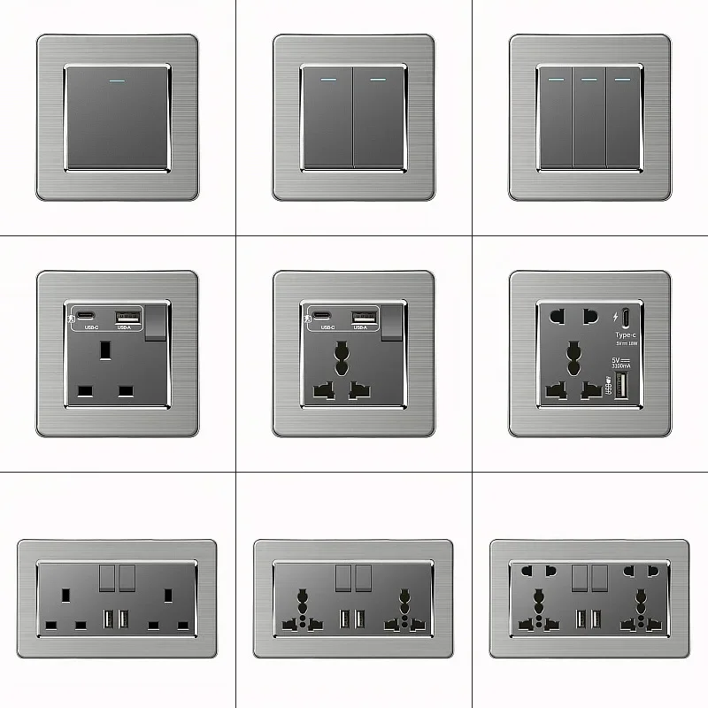 

Grey Stainless Steel Metal Uk 13A Wall 220V Light Switch with Electrical Socket, Smart Type-c Fast Charging Wall USB C Socket