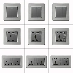 Grey Stainless Steel Metal Uk 13A Wall 220V Light Switch with Electrical Socket, Smart Type-c Fast Charging Wall USB C Socket