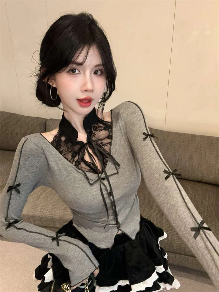 Sexy Lace Patchwork Halter Neck T Shirts Women Y2K Autumn Sweet Bow Decoration Long Sleeve Top Korean Chic Slim Female Crop Tees