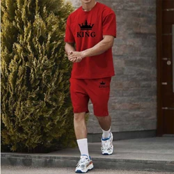 The King Summer Men's New Solid Tracksuit Short Sleeve Set Fashion Sports O Neck T-shirt Leisure Harajuku Simple 2-Piece Set 6XL