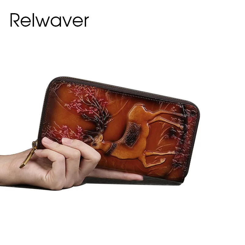 

Relwaver women wallet genuine leather purse 2025 spring deer landscape embossing long zipper Chinese style clutch wallet