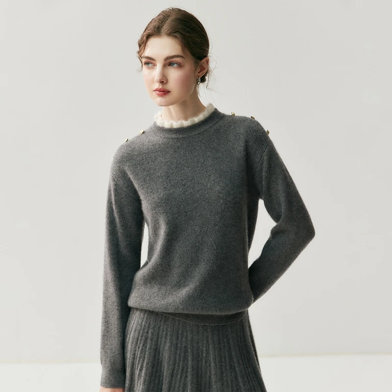 

Women 100% Pure Cashmere Mushroom-shaped Collar Button Pullover Suitable Autumn Winter Elegant Refined Soft Cashmere Knit Top