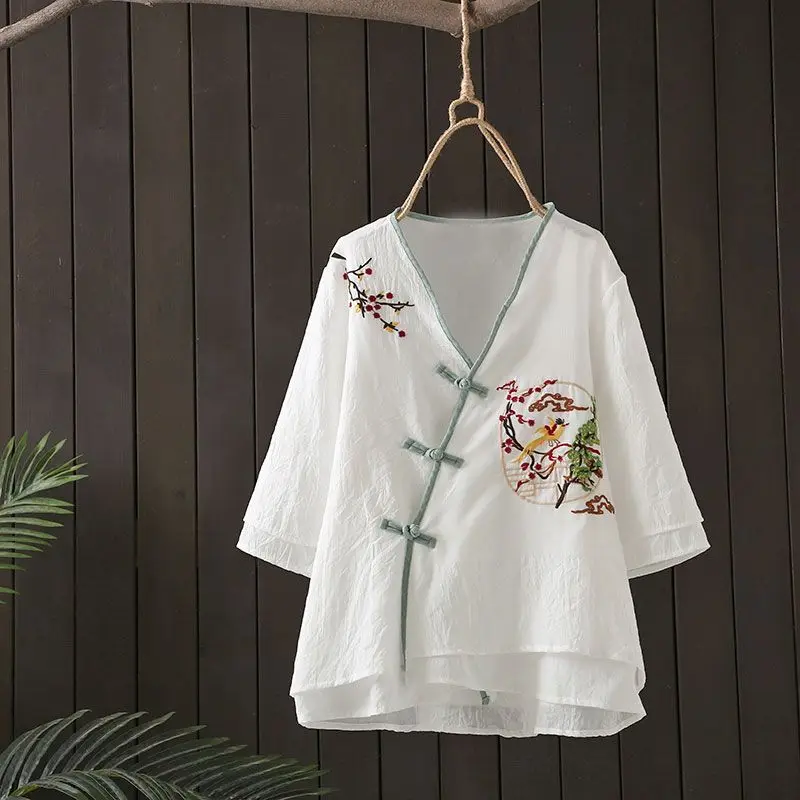 Ethnic Style Embroidery Retro V-neck Frog Button Top for Women, Summer Zen Tea Clothing Chinese Style Half Sleeve Shirt