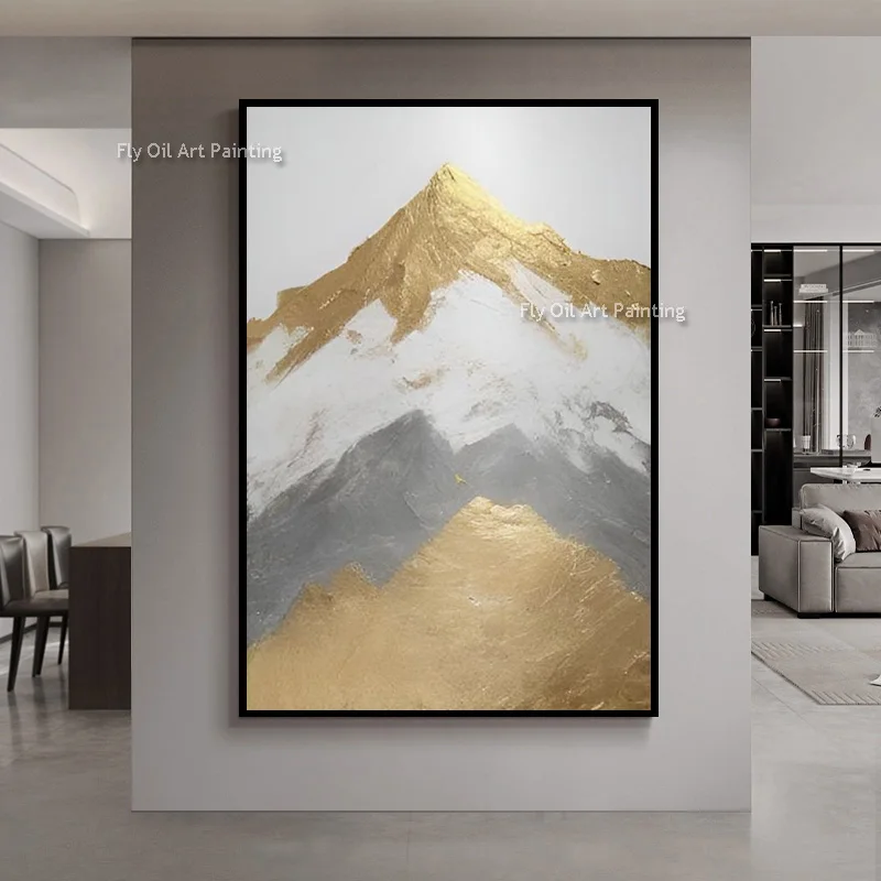 Hand Painted Gold Grey Mountain Oil Painting, Thick Palette Knife Textured Canvas Art, Neutral Vertical Wall Decor