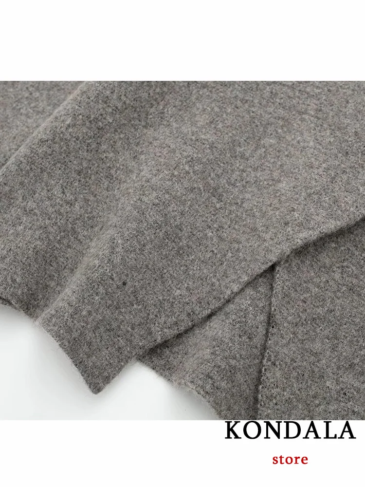 KONDALA Vintage Grey Solid Women Suit V-Neck Single Breasted Knitted Top Long Straight Skirt New Fashion 2023 Autumn Winter Sets