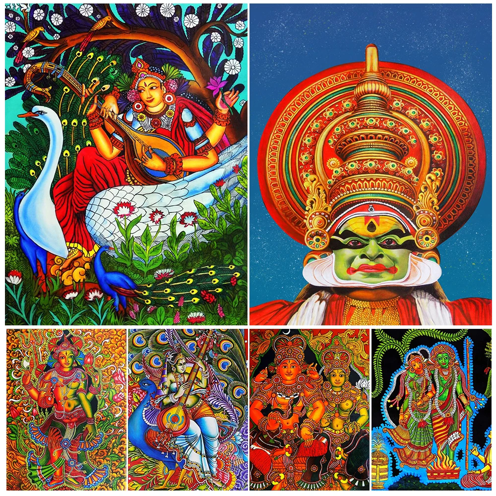 Goddess Saraswati Mural Kathakali Dance Wall Pictures For Living Room Nordic Poster Wall Art Canvas Painting Unframed