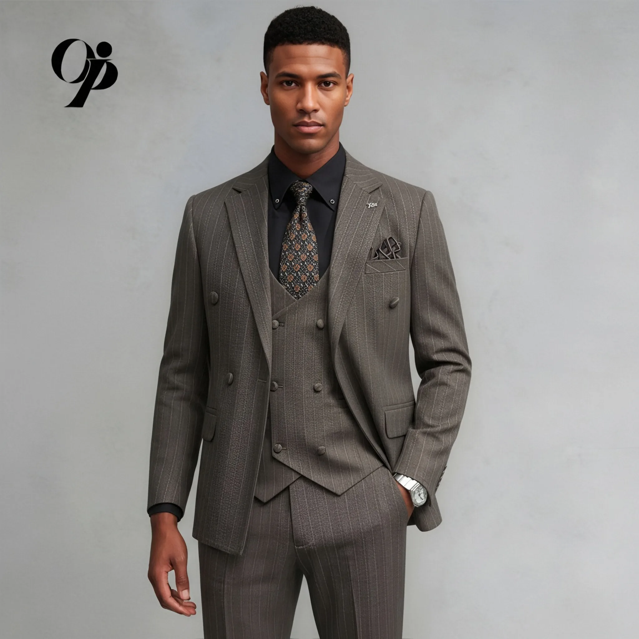 

Men's Dark Grey Pinstripe 3-Piece Suit Slim Fit Double Breasted - Formal Wedding Groom Jacket Vest Pants