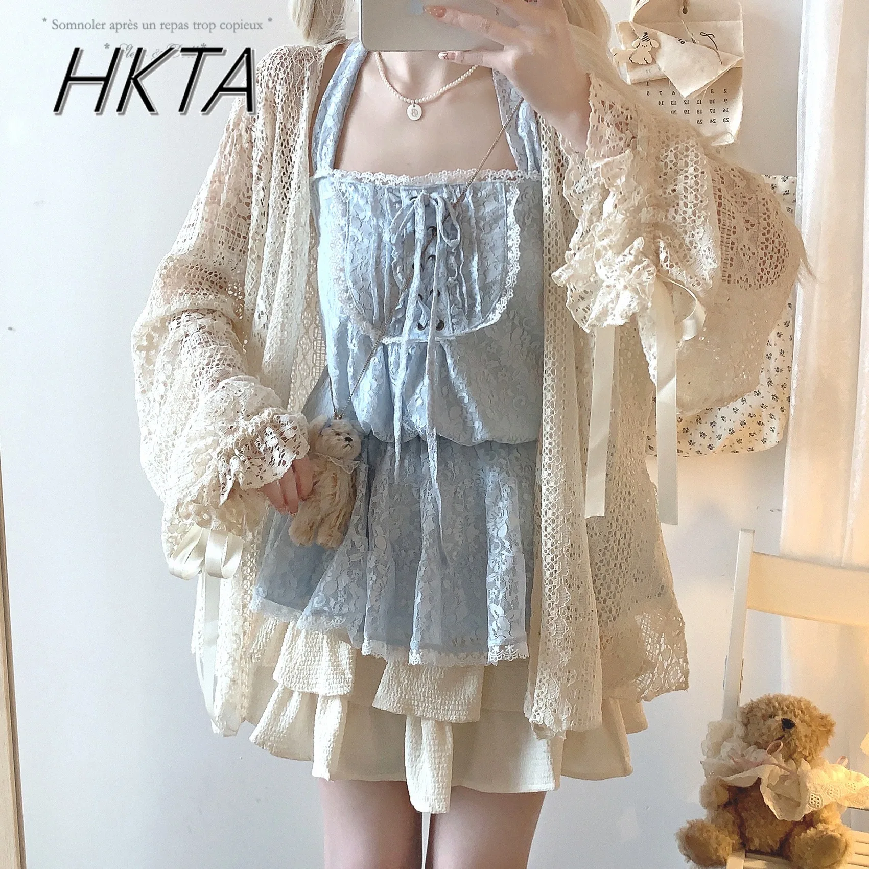 Japońska Sukienka Lolita w Stylu New Vintage Kawaii z Paskiem na Szyję, Podkreślająca Talia, Koronkowa Sukienka dla Gorącej Dziewczyny, Słodka i Urocza Letnia Koronkowa Krótka Sukienka Lolita Damska