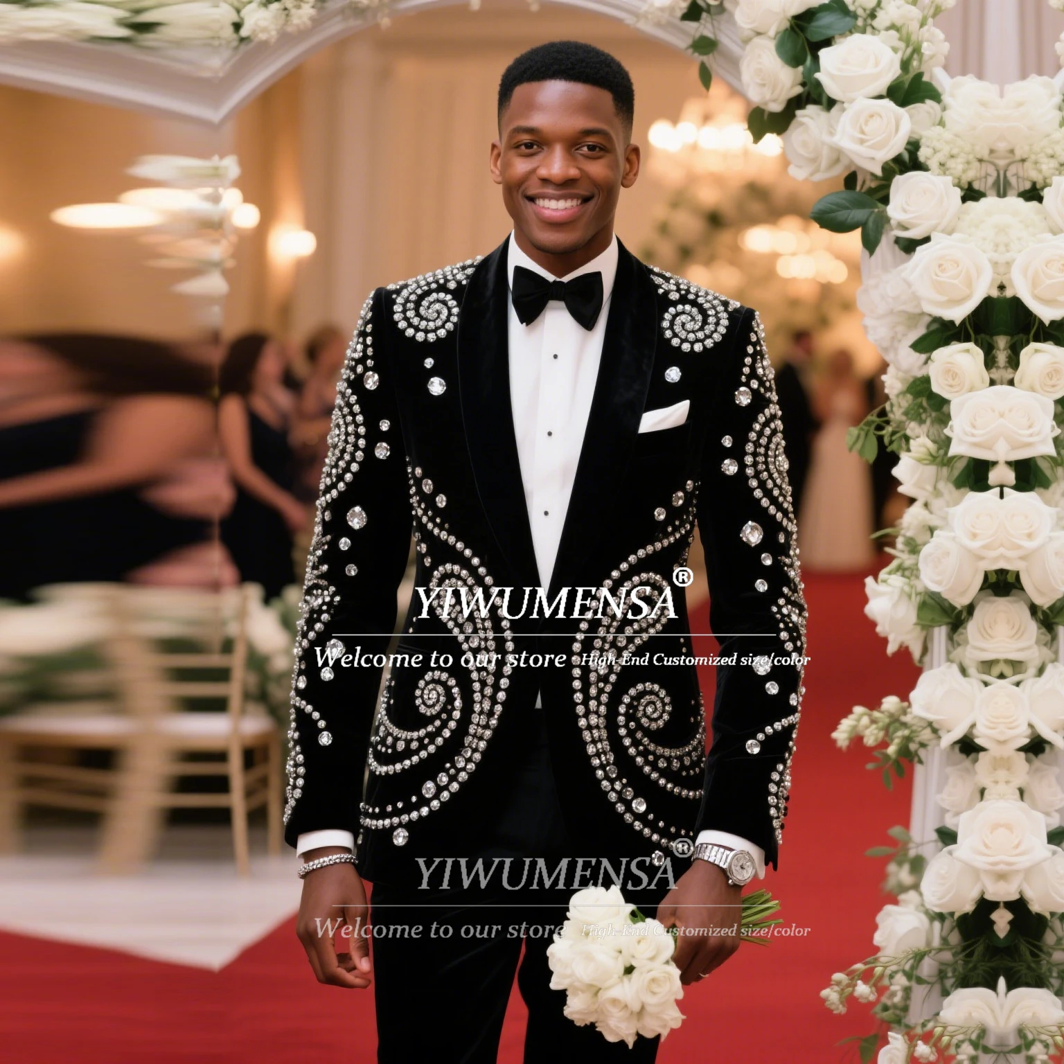 

Metallic Jewelry Beaded Man Suit For Wedding Single Breated Prom Tuxedos Customized Black Velvet Jacet Pants 2 Pieces Dresses