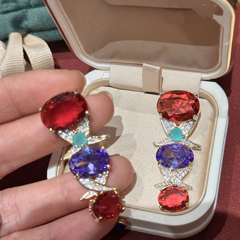 

Stud Drop Earrings For Women Red and Purple Cubic Zircon Stone Luxury Dangle Earring Party Accessories Fine Jewelry