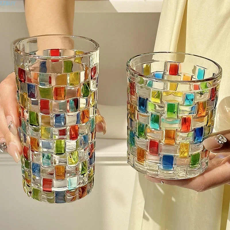 Retro Painted Glass Cup Hand-painted Glass Cups Juice Weaving, Reflective high aesthetic water cup, rainbow, vintage