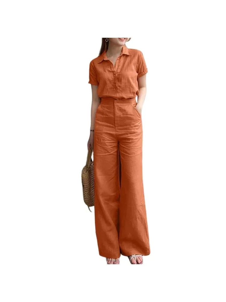 

2026 Women's Faion Set Pure Color ort Sve Turn-down Collar Wide Leg Pants Pants Cross-border New Sle Suit 2 piece sets womens