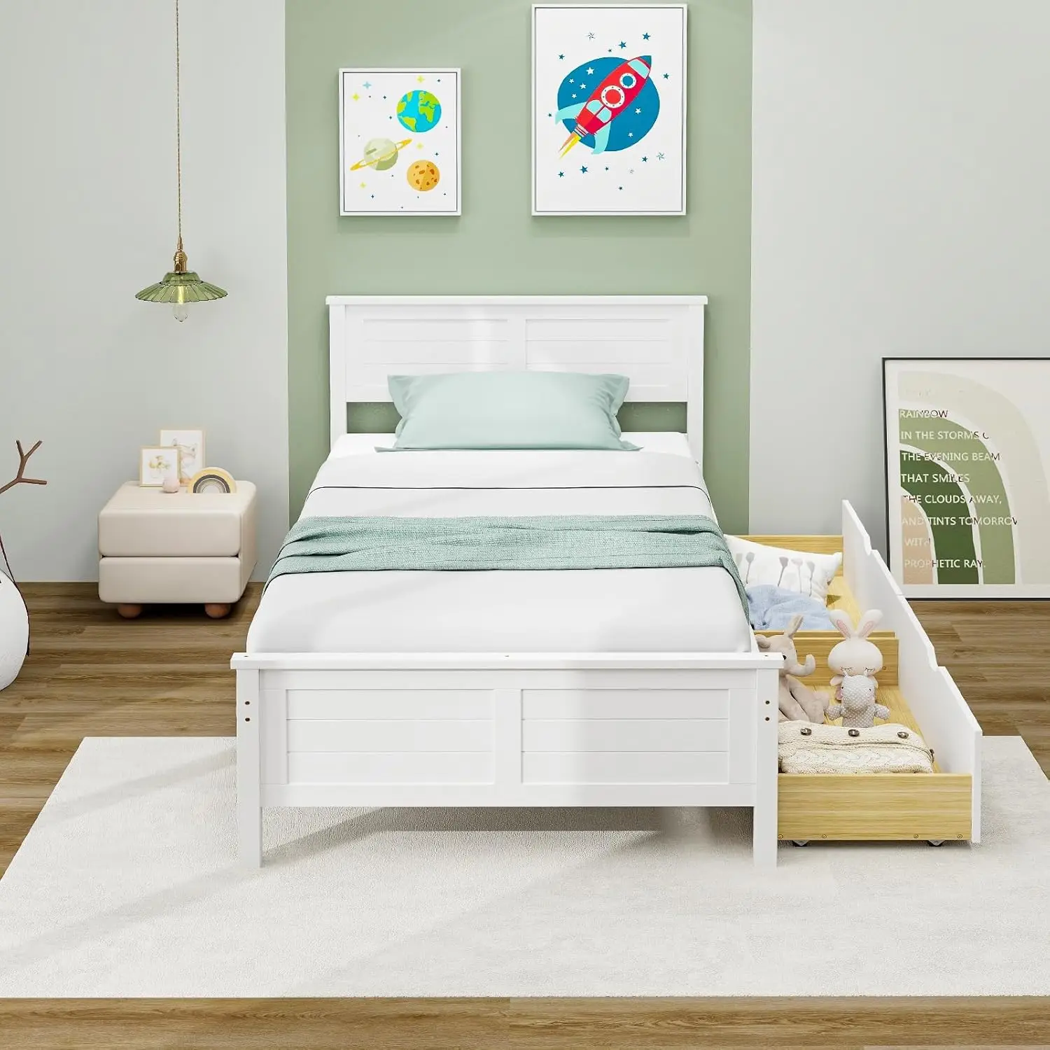 Giantex Wood Twin Bed with 2 Storage Drawers, Solid Wood Platform Bed with Headboard, Wooden Slats Support Mattress Foundation,