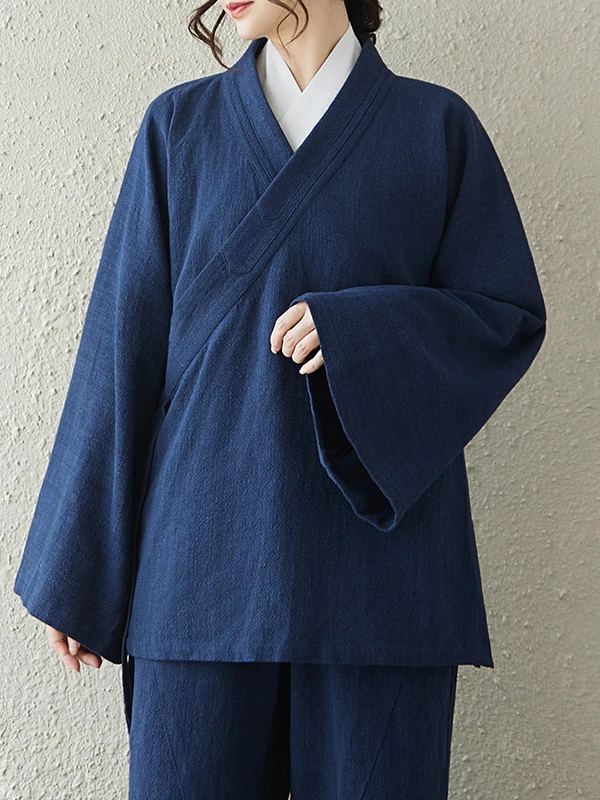 

Spring Large Size Cotton Linen Shirt with Belt Sword Collar Wudang Dao Pao Women's Casual Long Sleeve Top Breathable Training