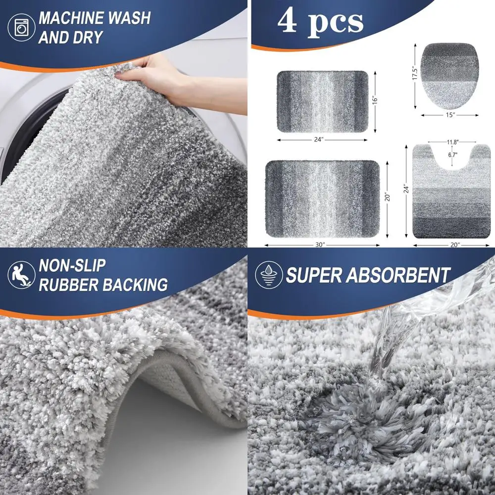 

4-Piece Grey Bathroom Rug Set: Soft Microfiber Bath Mat, U-Shape Toilet Seat Cover, Quick Dry & Machine Washable