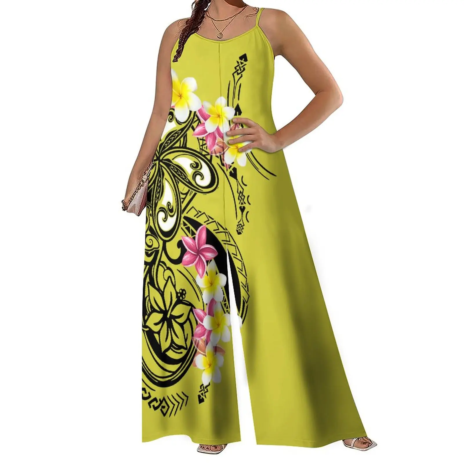 Summer Halter Romper Slacks Loose Casual Broadleg Party Style Elegant Dress Slacks Tailored With Polynesian Patterns