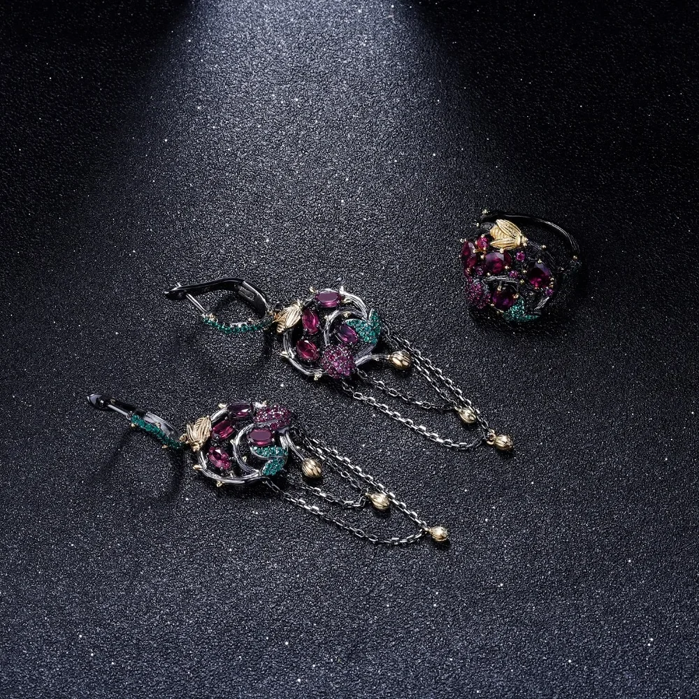 GEM\'S BALLET Natural Rhodolite Garnet Gemstone Ring 925 Sterling Silver Handmade Gold Bee on Branch Rings for Women Fine Jewelry