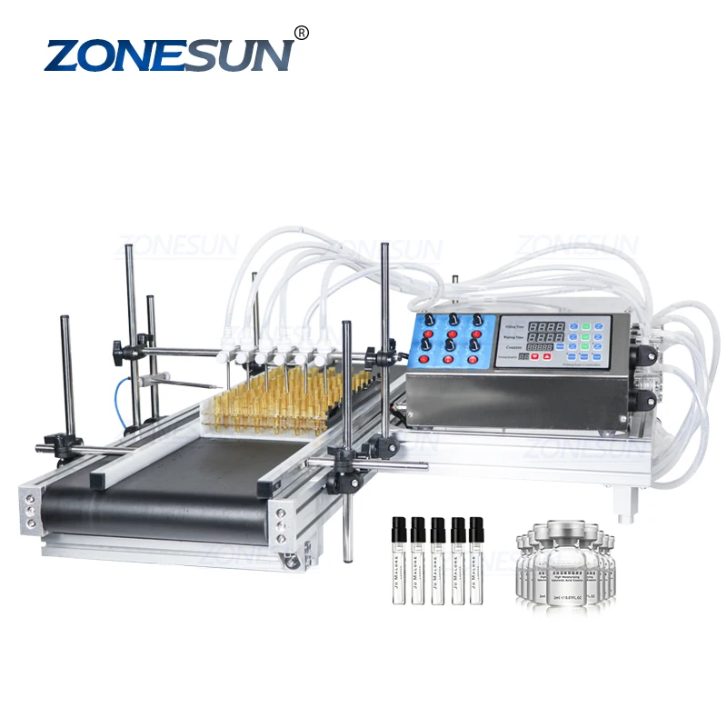 ZONESUN 6 Heads Automatic Oral Liquid Essential Oil Solvent Glass Vial Small Bottle Filling Machines With Conveyor For Perfume