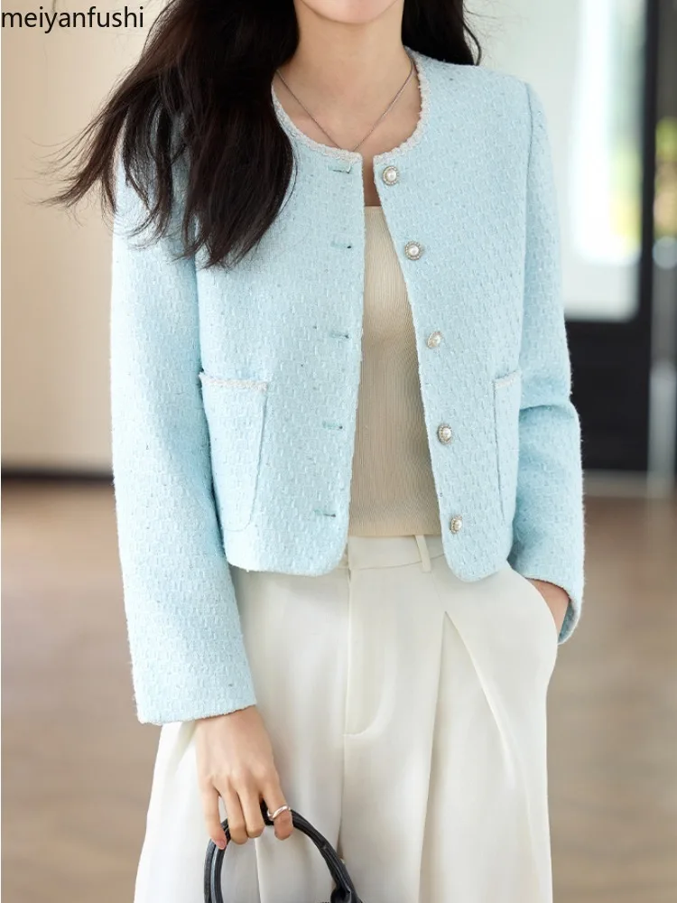 Elegant Jackets Women All-match Commuting High Street Long Sleeve Chic Korean Style Temperament Blue O-neck Spring Autumn Cozy