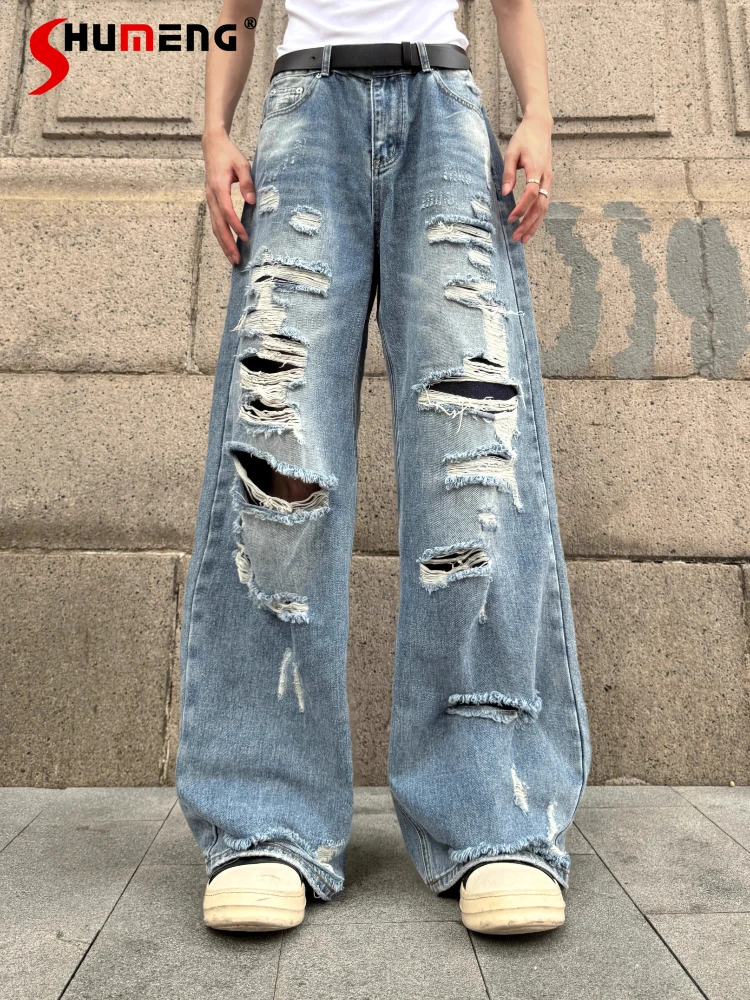 

Men's 2025 Summer New Hole Loose Straight Jeans Men's Fashion Zipper Long Denim Pants Male Handsome Stylish Chic Denim Trousers