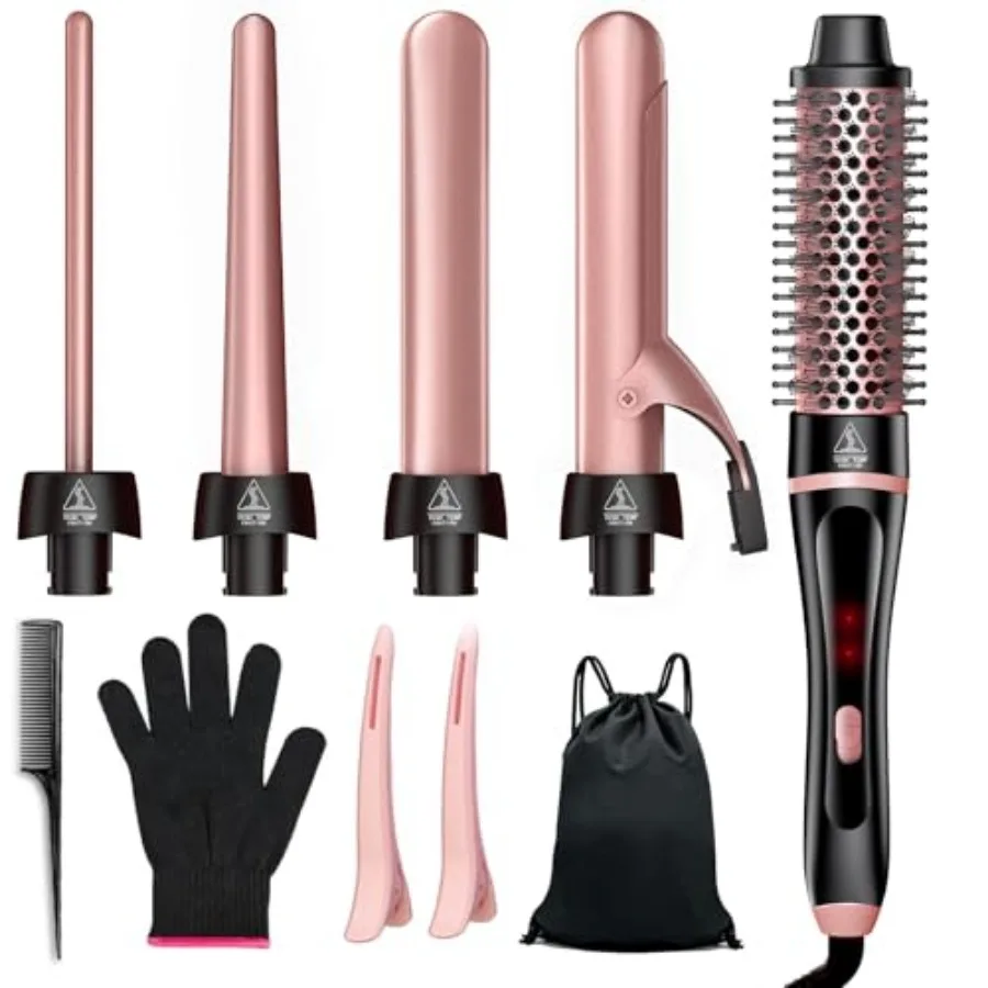 

5 in 1 Curling Iron and Thermal Brush Set with 4 Interchangeable Ceramic Barrels 0.35"-1.25" Fast Heat Dual Voltage Travel Hair