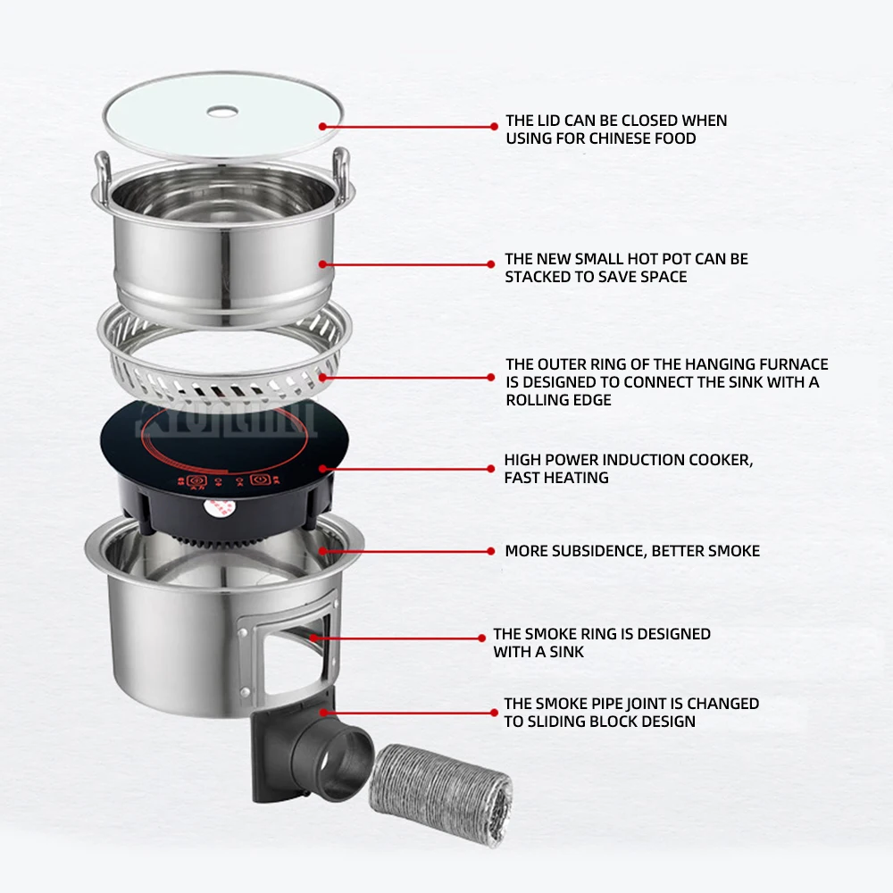 Uitlaat Inductiekookplaat Apparatuur Commerciële Ronde Hot Pot Buffet Restaurant Roestvrij Staal Elektrische Hot Pot Onder