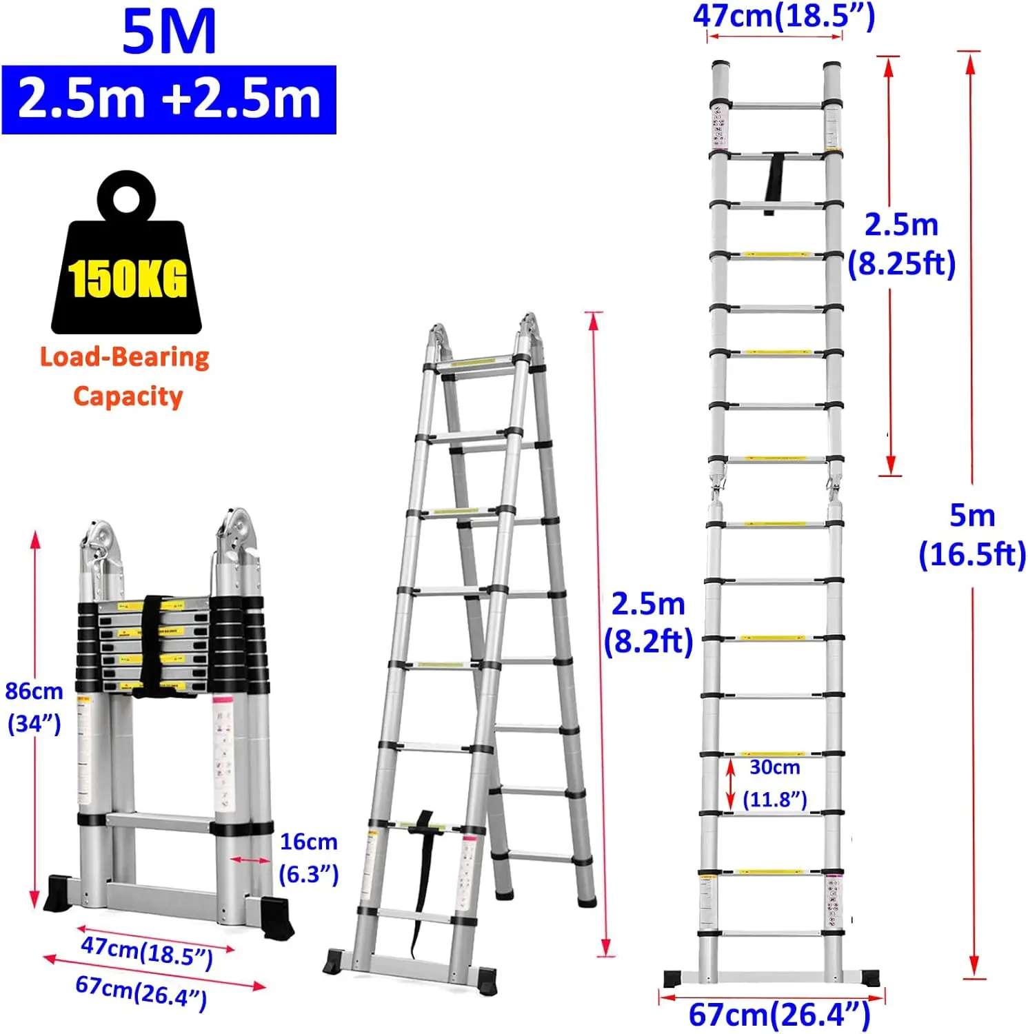 Ladder A Frame Aluminum Extension Ladder 8 x 2 Telescopic Step Ladders for Home with Ladder Stabilizer Portable Multi-Purpose Co