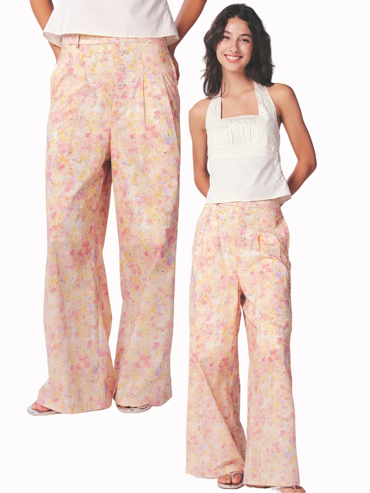 

Pure Cotton High Waist Casual Pants Floral Print Eye-ching Playful Summer Faion Ladies Straight Leg Wide Leg Trousers