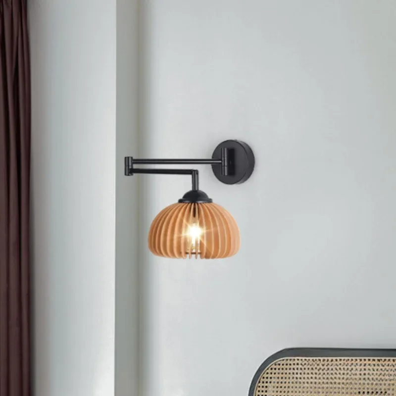 Japanese Log Bedroom Bedside Wall Lamp Simple Nordic Solid Wood Telescopic Folding Rocker Arm Retro Wood Wall Lamp