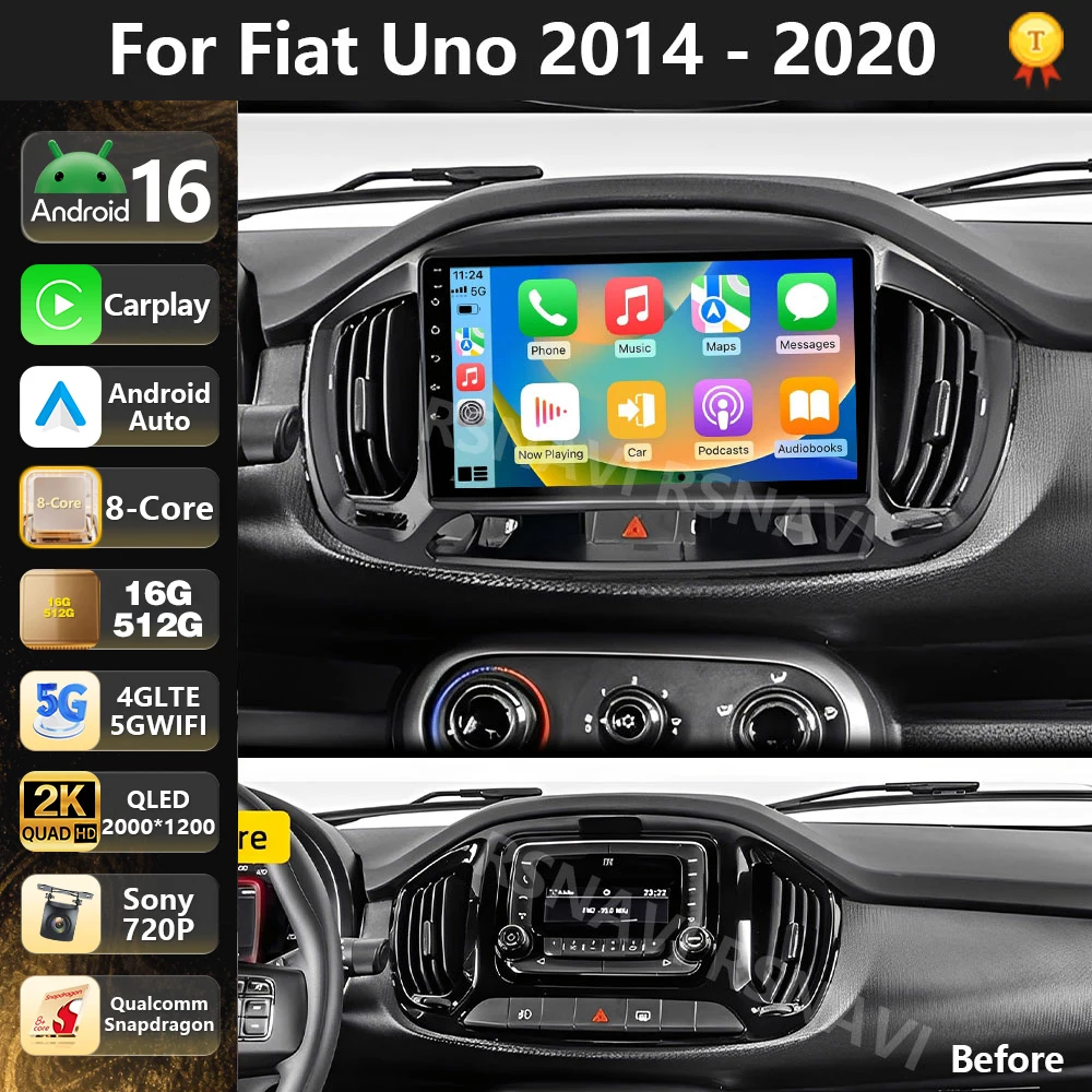 Qualcomm Android 16 For Fiat Uno 2014-2020 Car Radio Multimedia Video Player GPS Stereo CarPlay Auto Head Unit Navigation 4G BT
