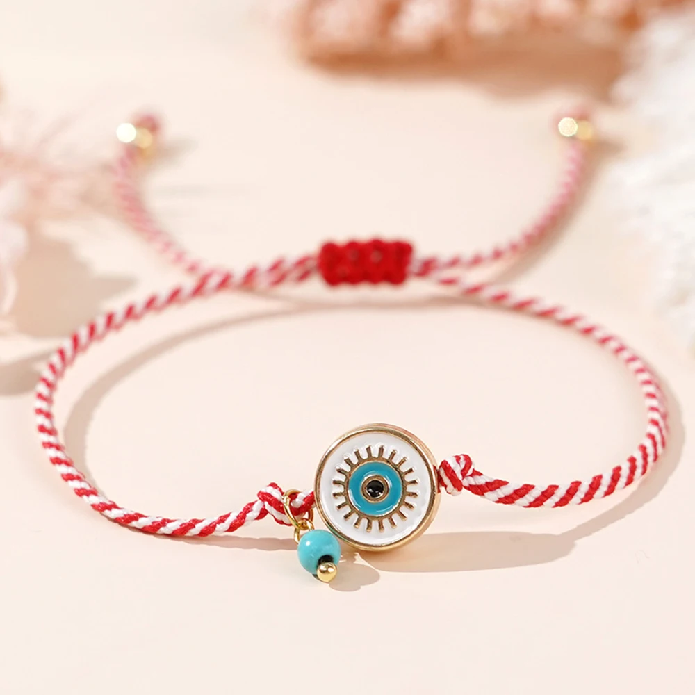 Bohemian Adjustable Red White Braided Bracelets Evil Eye/Star/Cross Charms with Beads Lucky Handmade Rope Bracelets for Women