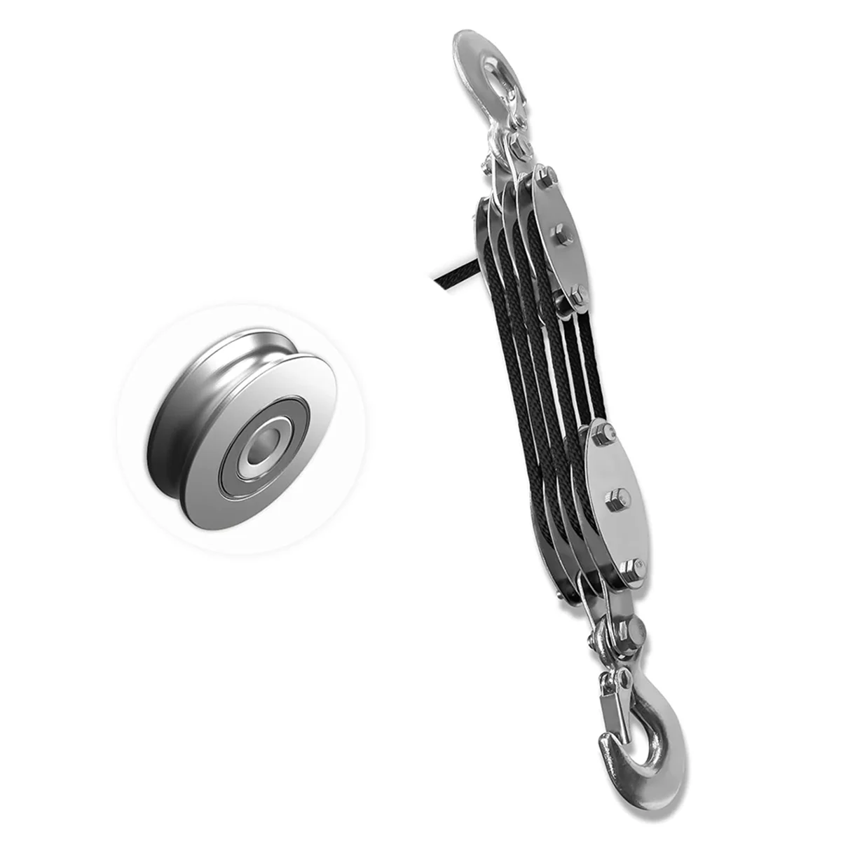 A002 Block and Tackle Pulley System, 4-Wheel Rope Pulley Hoist,2200LB Work Load with 65Ft of 1/4 Inch Rope,Compact Rope Black