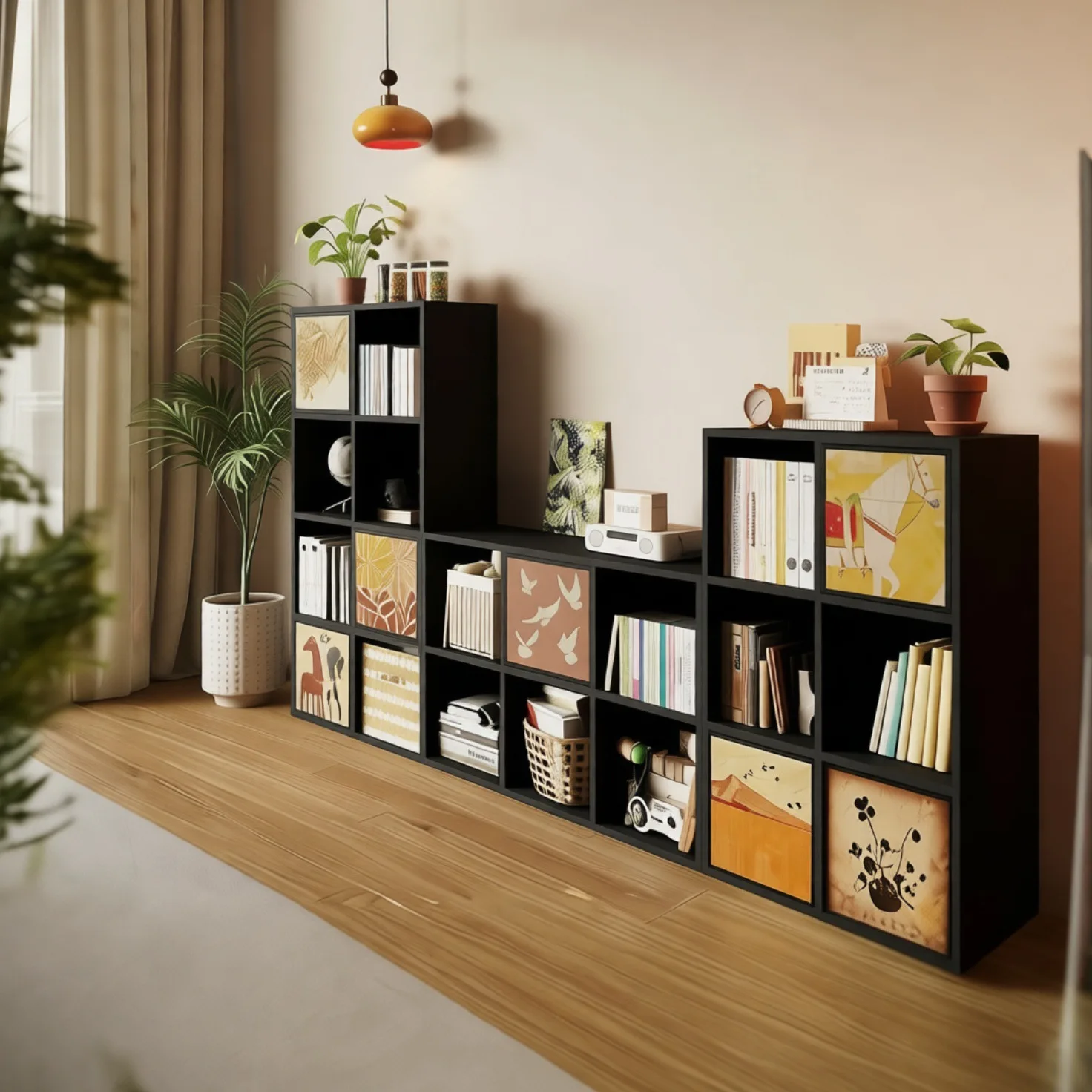 Grid bookcase, floor-standing storage rack, home bookcase, living room flexible combination, multi-layer storage low cabinet, TV