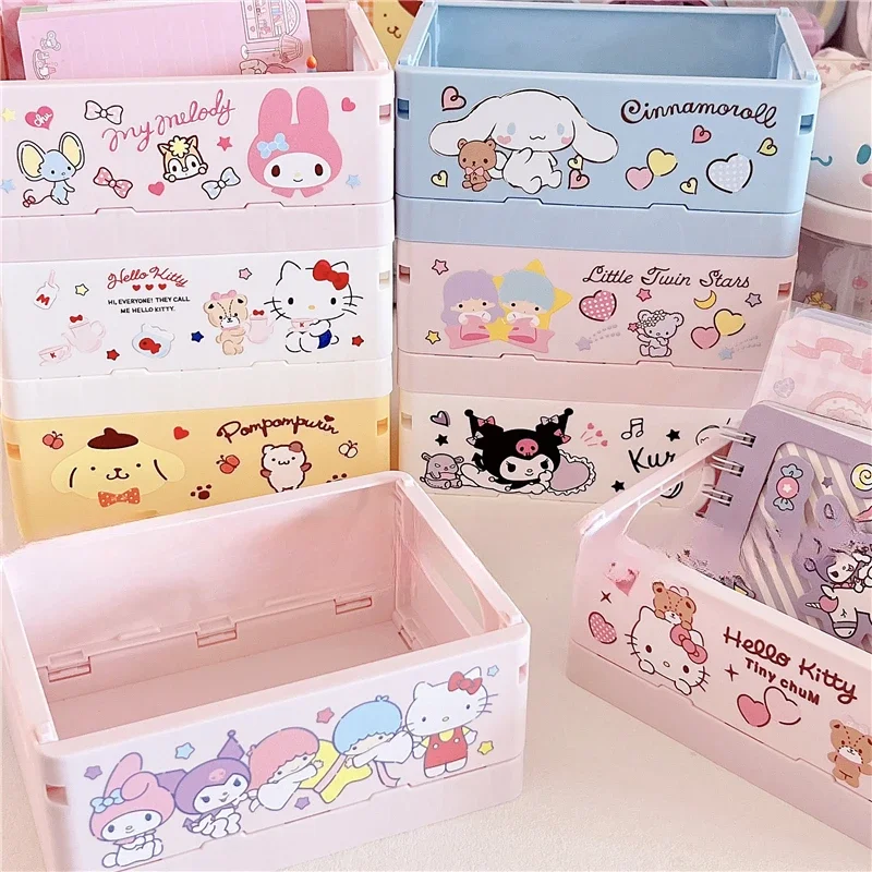 Sanrio พับลังพลาสติกพับกล่องเก็บตะกร้าคาวาอิ Kuromi Cinnamoroll My Melody ผู้ถือเดสก์ท็อปเครื่องสําอางค์