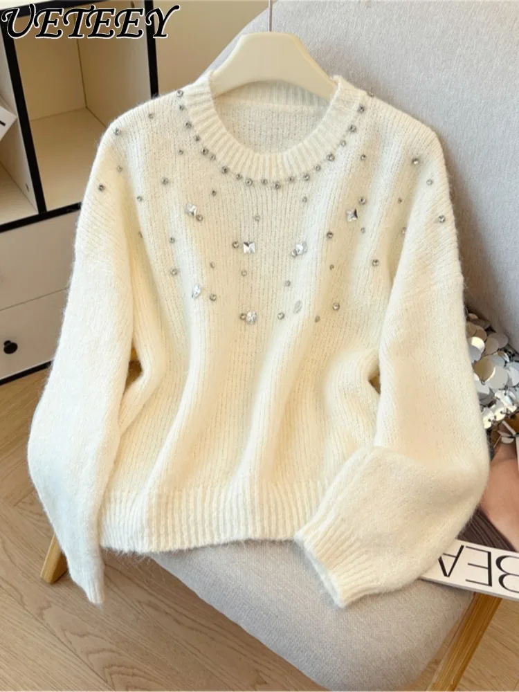 

High-end Heavy-duty Rhinestone Round Neck Pullover Sweater for Women Autumn Winter New Loose Slimming Soft Knitted Sweater