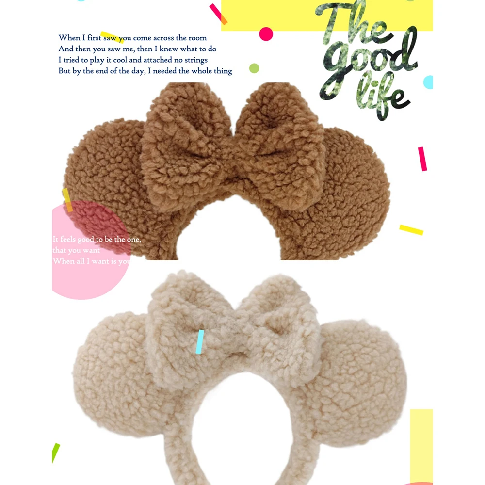 Diadema con orejas de Mickey Mouse, diadema con orejas de oso de peluche en forma de lazo, diadema para lavado de cara de dibujos animados bonitos de felpa para otoño e invierno para mujer
