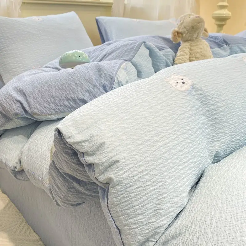 A-Class Puff Double-Layer Yarn 4-Piece Bedding Set - Breathable All-Season Dorm/Washable Cotton Soft & Comfortable