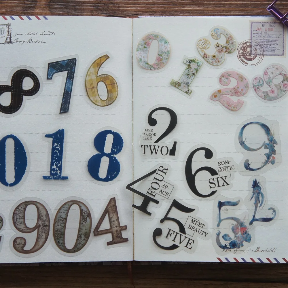 28pcs Cut Out Numbers From Book Newspaper Design Sticker Scrapbooking Background DIY Gift Packing Label Decoration