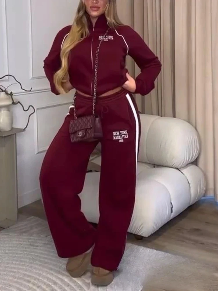 

KONDALA Vintage Casual Chic Women Suit Solid Stand Collar Zipper Top Loose Long Drawstring Pants New Fashion 2024 Holiday Sets