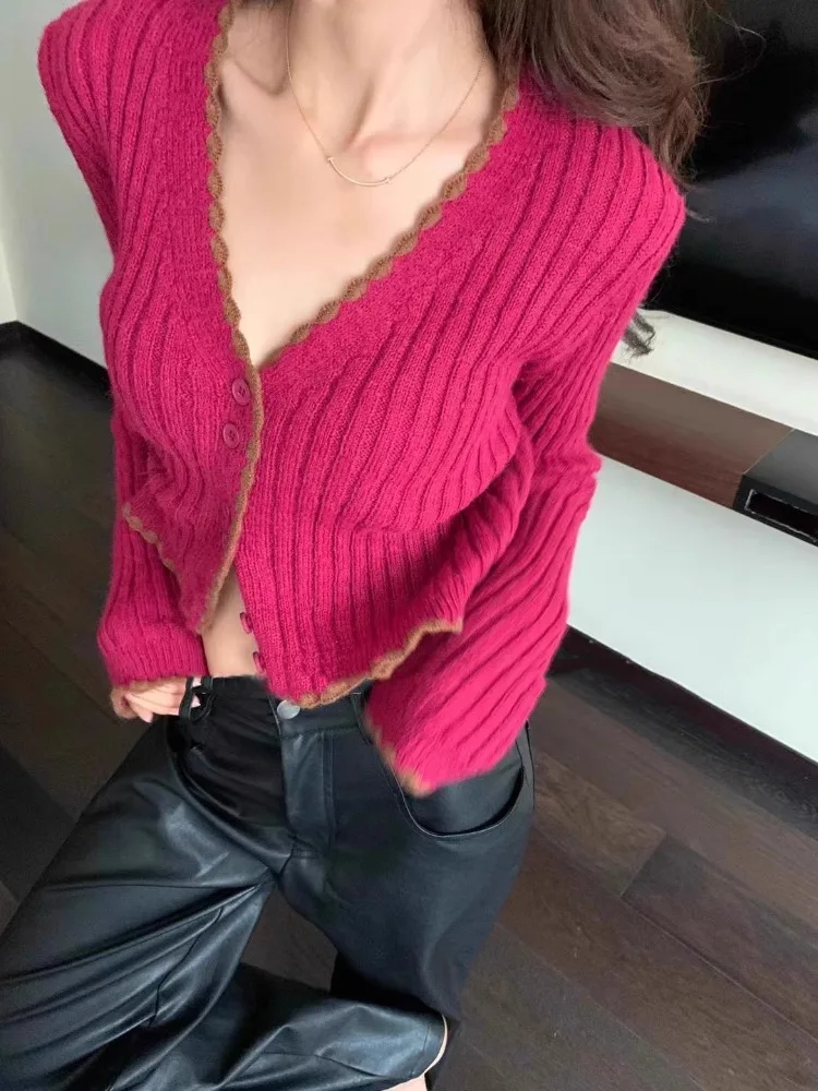 Deeptown Vintage Crop V-neck Sweater Cardigan Women Korean Dongdaemun High Quality Clothing Y2K Gyaru Aesthetic Jerseys New Tops