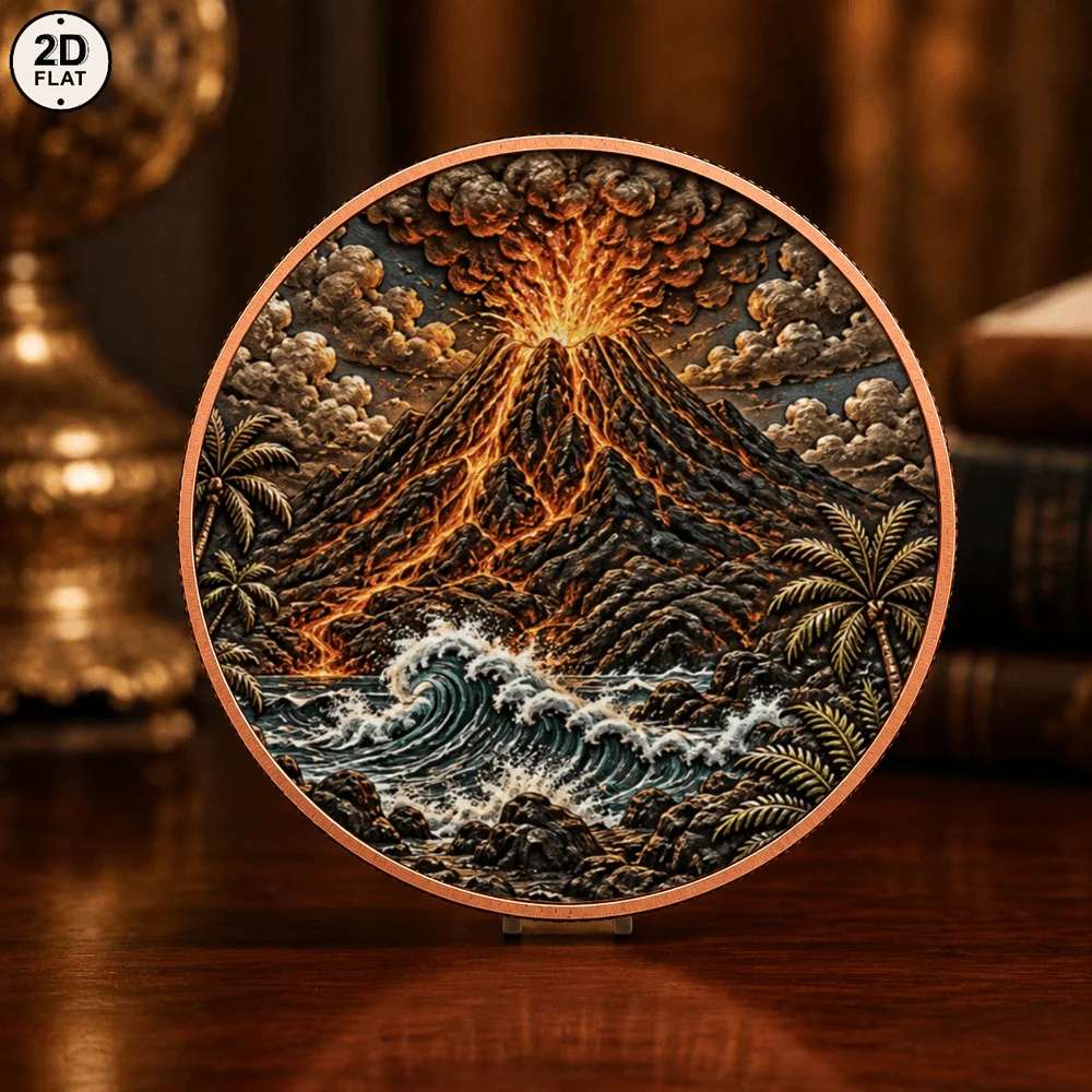 1pc 1oz Fine Copper Erupting Volcano Commemorative Coin 2D Print Volcanic Eruption Scene Challenge Coin Nature Disaster Art Gift