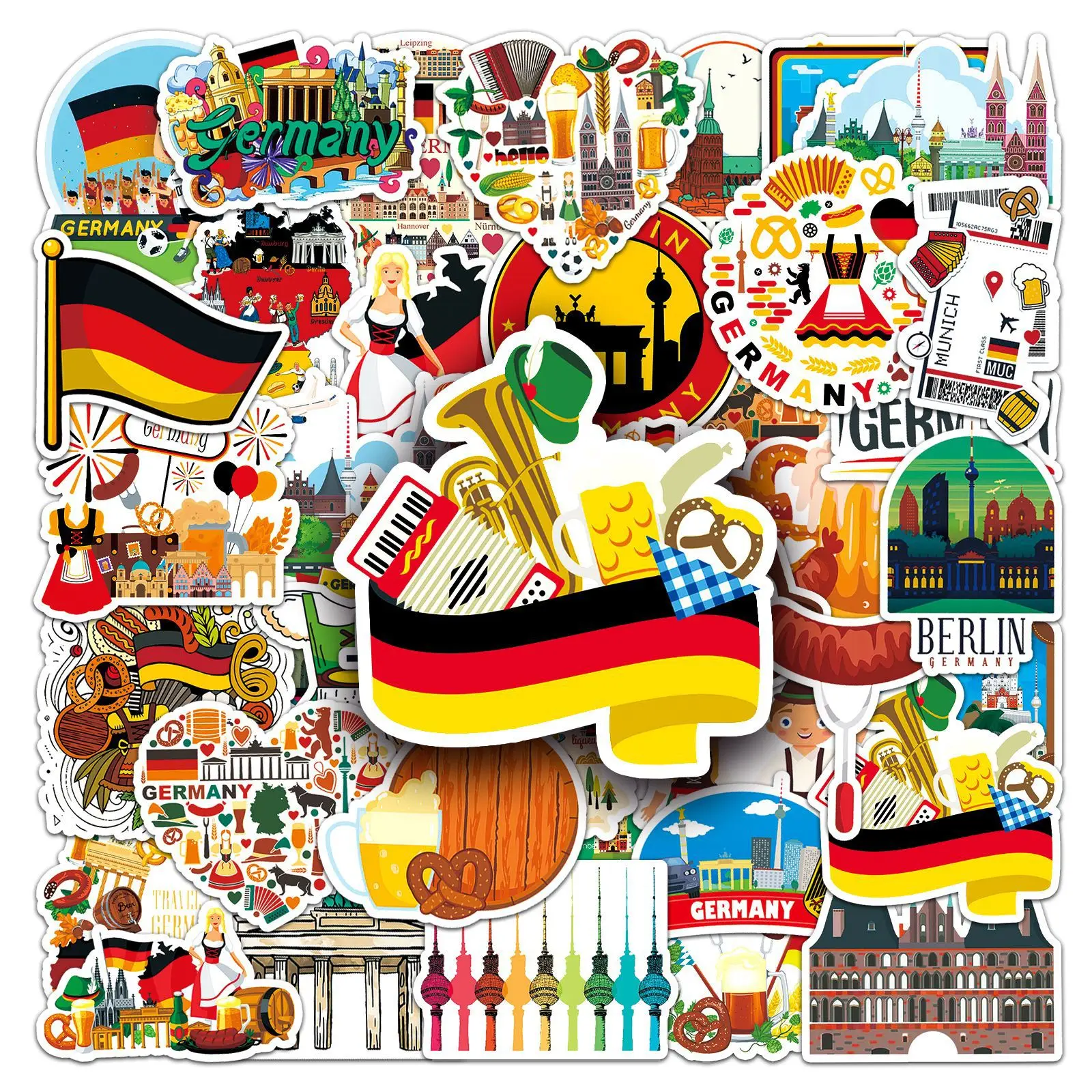 50 Stück Vintage Deutschland Graffiti-Aufkleber Bayerisches Bier Schloss Wurst Deko für DIY-Handbuch Laptop Wasserflasche