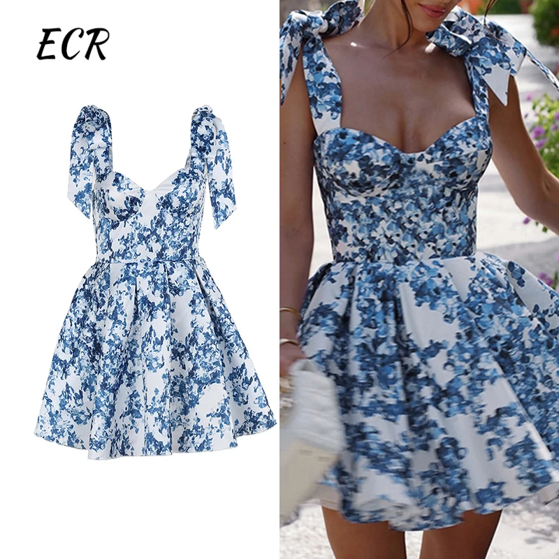 

ECR Hit Color Printing Mini Dress For Women Square Collar Sleeveless Backless High Waist Elegant Slimming Dresses Female Style