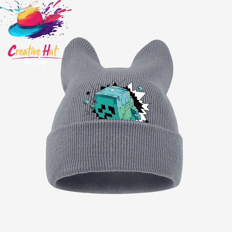1‑3 Years Toddler Cat Ear Knit Cold Hat Game Block Pixel Character Print Kids Cute Knitted Beanie For Boys Girls view 4